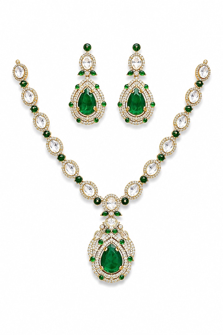 Micro Gold Finish Kundan Polki & Green Stone Necklace Set by Tussya at Pernia's Pop Up Shop