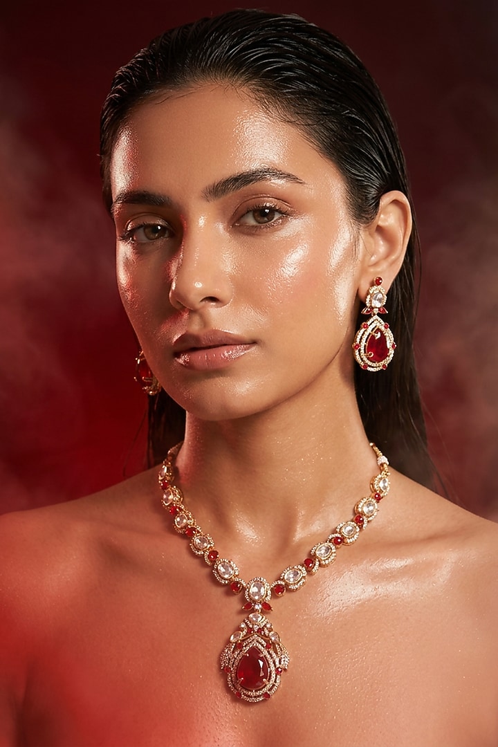 Micro Gold Finish Kundan Polki & Red Stone Necklace Set by Tussya at Pernia's Pop Up Shop