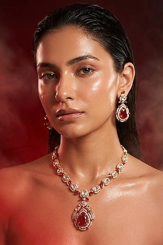 Micro Gold Finish Kundan Polki & Red Stone Necklace Set by Tussya