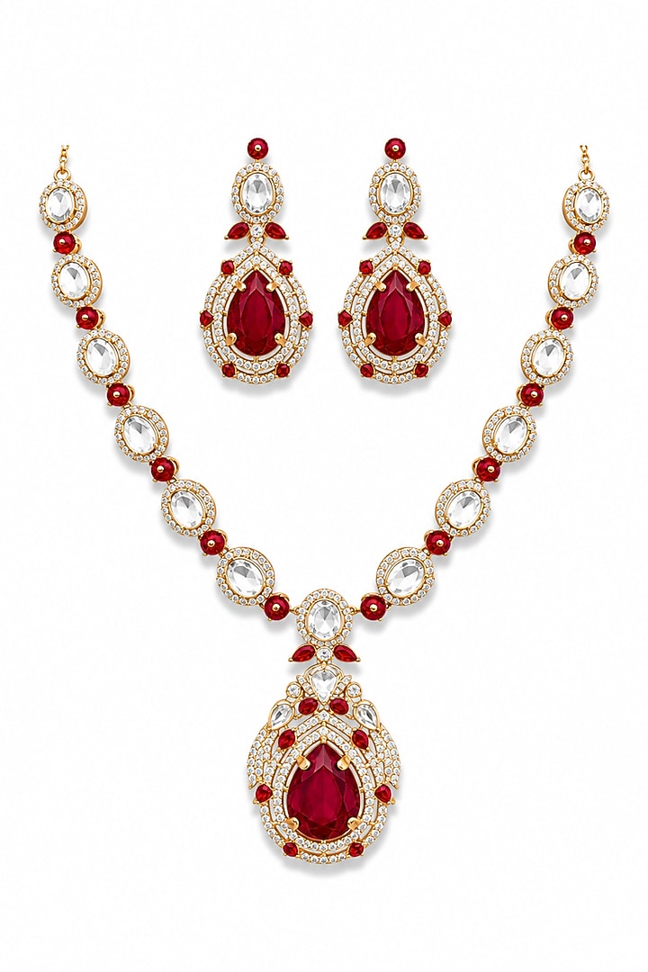 Micro Gold Finish Kundan Polki & Red Stone Necklace Set by Tussya at Pernia's Pop Up Shop