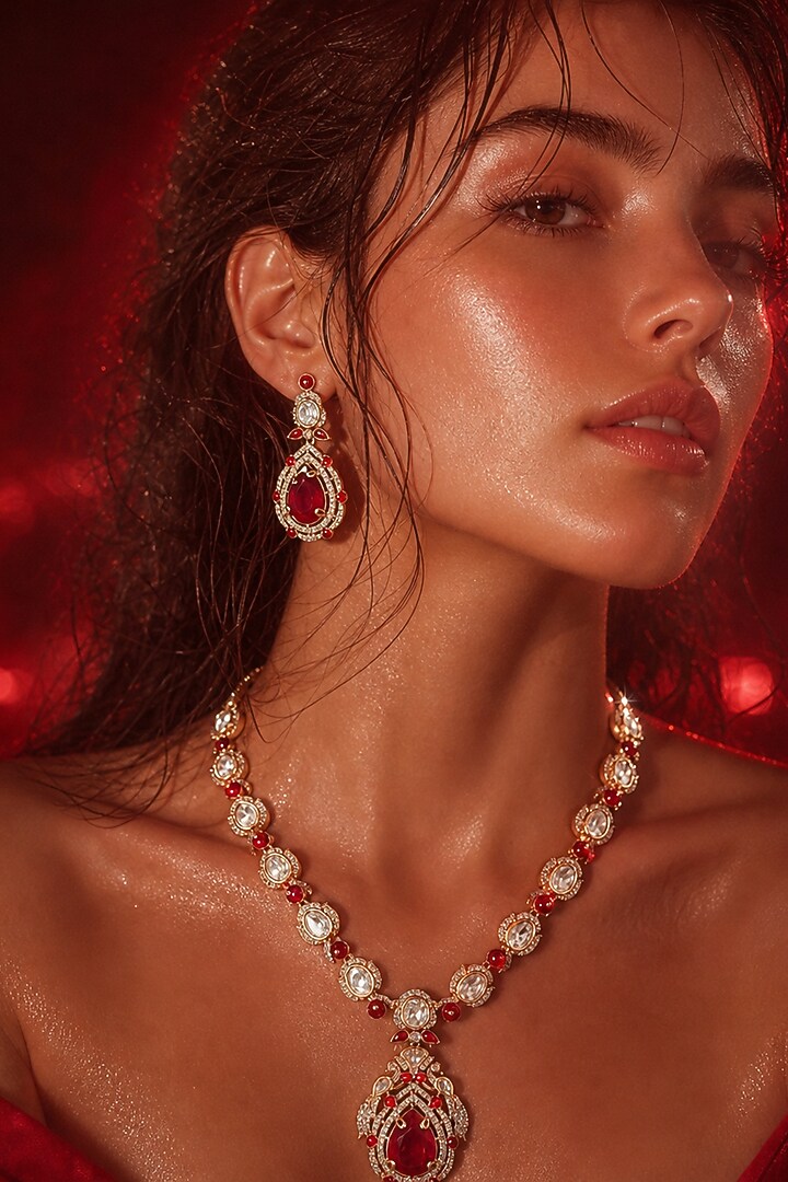 Micro Gold Finish Kundan Polki & Red Stone Necklace Set by Tussya at Pernia's Pop Up Shop