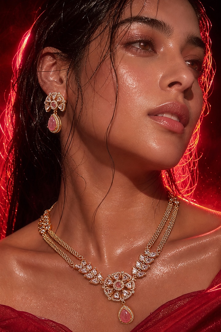 Micro Gold Finish Kundan Polki & Pink Stone Necklace Set by Tussya at Pernia's Pop Up Shop