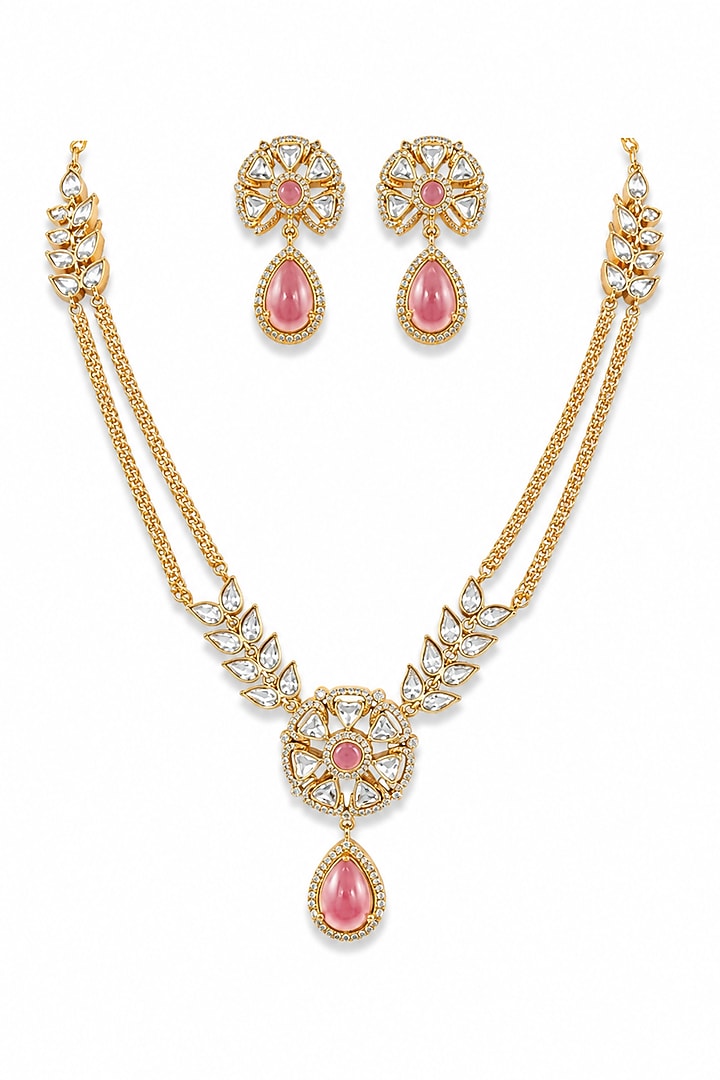 Micro Gold Finish Kundan Polki & Pink Stone Necklace Set by Tussya at Pernia's Pop Up Shop