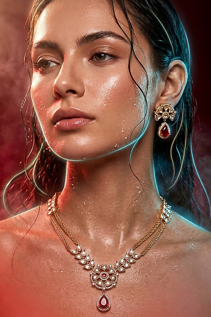Micro Gold Finish Kundan Polki & Red Stone Necklace Set by Tussya at Pernia's Pop Up Shop