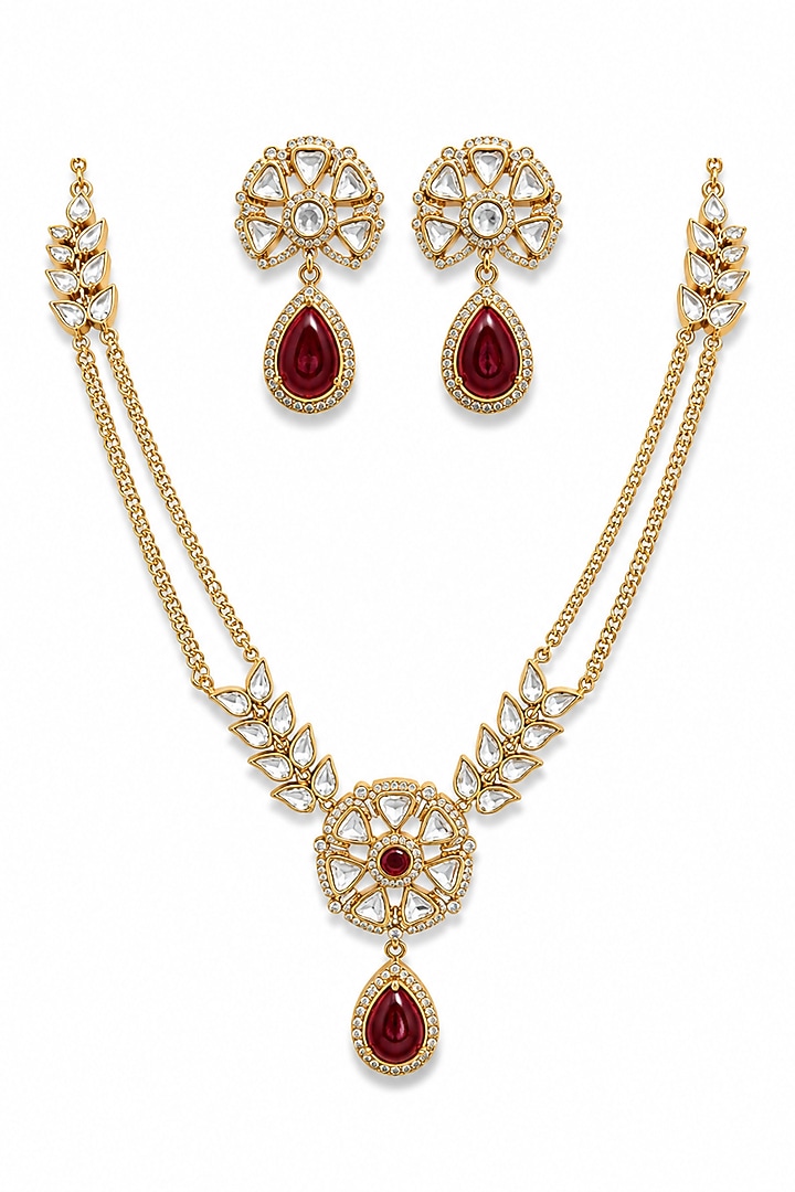 Micro Gold Finish Kundan Polki & Red Stone Necklace Set by Tussya at Pernia's Pop Up Shop