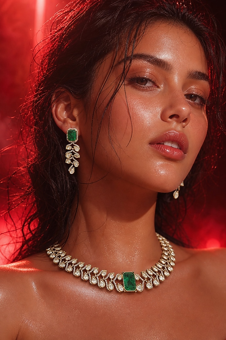Micro Gold Finish Kundan Polki & Green Stone Choker Necklace Set by Tussya at Pernia's Pop Up Shop