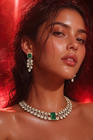 Micro Gold Finish Kundan Polki & Green Stone Choker Necklace Set by Tussya