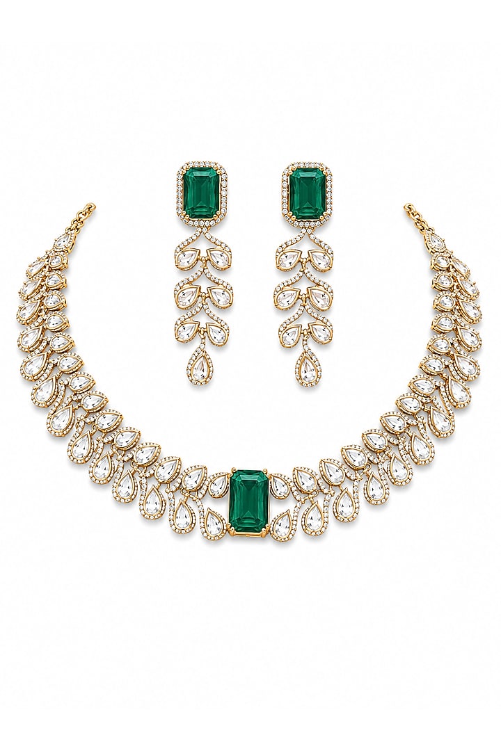 Micro Gold Finish Kundan Polki & Green Stone Choker Necklace Set by Tussya at Pernia's Pop Up Shop