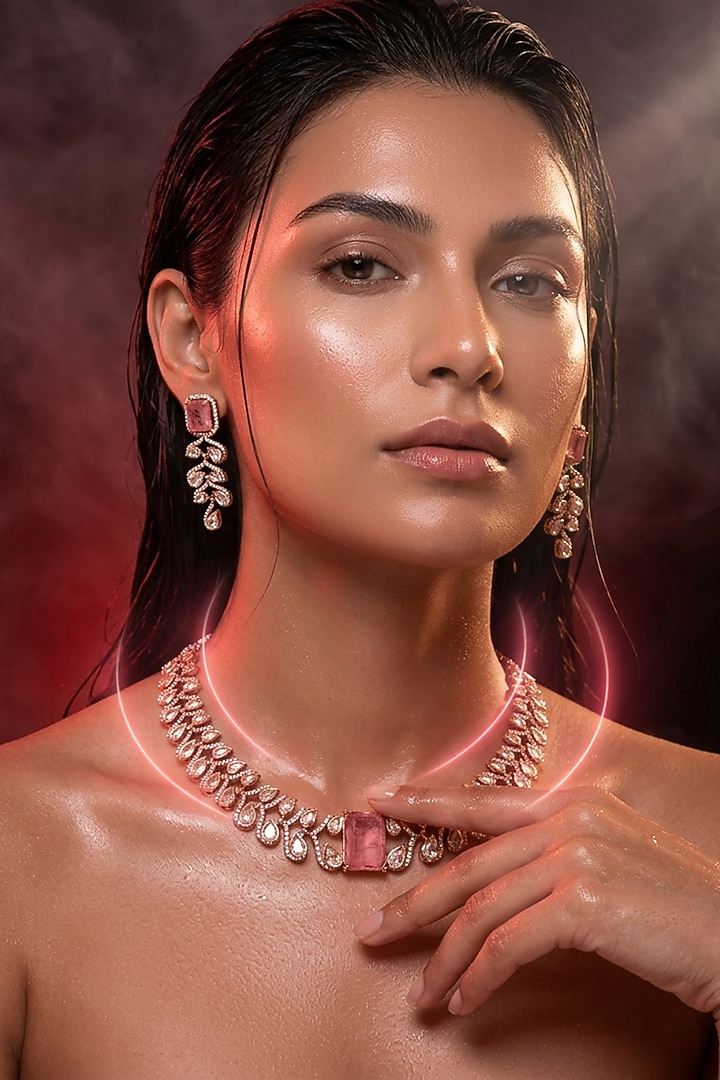 Micro Gold Finish Kundan Polki & Pink Stone Choker Necklace Set by Tussya at Pernia's Pop Up Shop