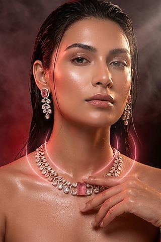 Micro Gold Finish Kundan Polki & Pink Stone Choker Necklace Set by Tussya