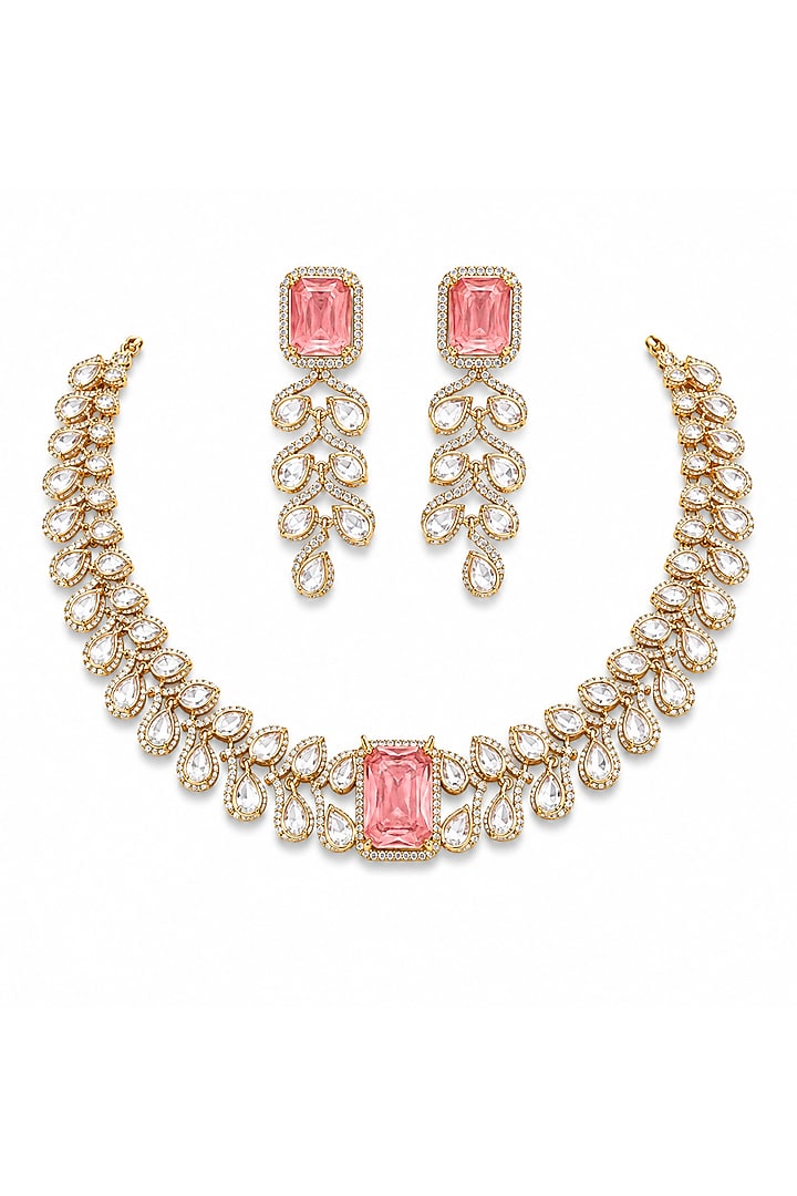 Micro Gold Finish Kundan Polki & Pink Stone Choker Necklace Set by Tussya at Pernia's Pop Up Shop