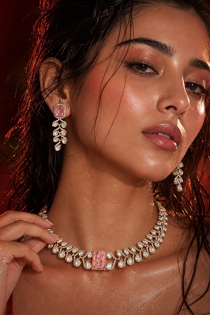 Micro Gold Finish Kundan Polki & Pink Stone Choker Necklace Set by Tussya at Pernia's Pop Up Shop