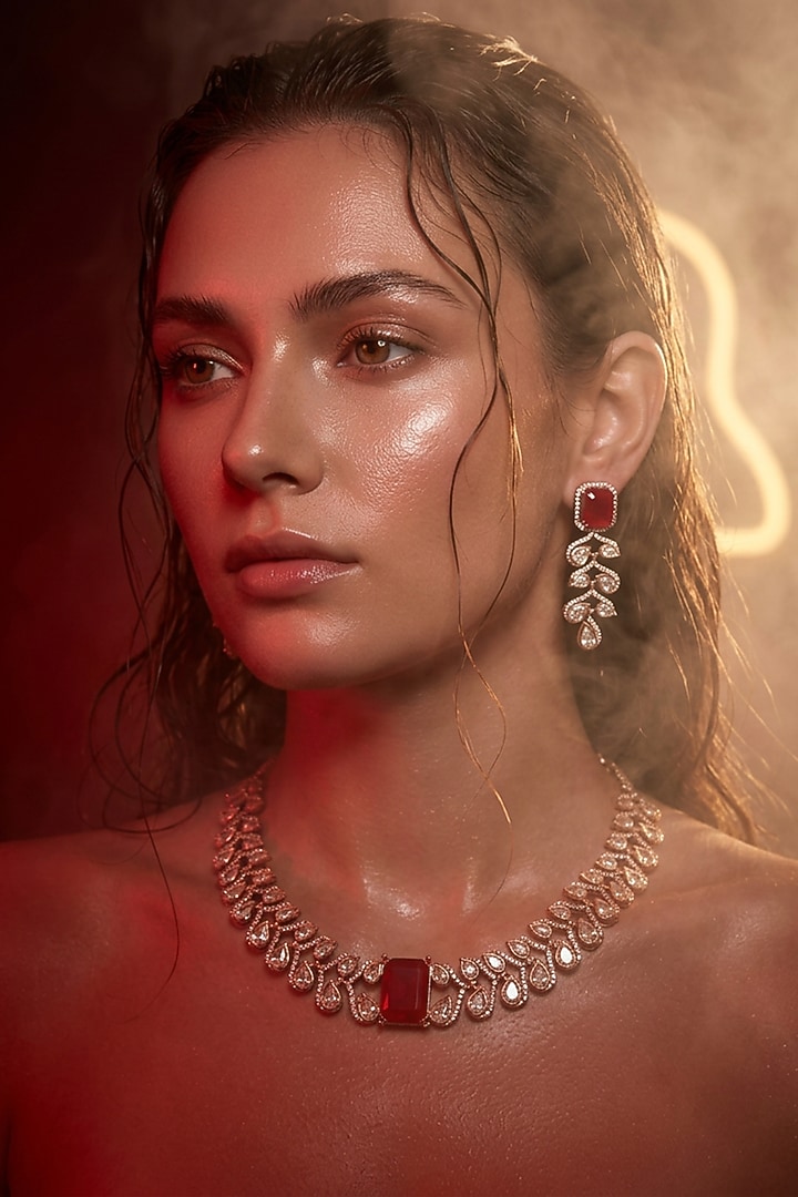 Micro Gold Finish Kundan Polki & Red Stone Choker Necklace Set by Tussya at Pernia's Pop Up Shop