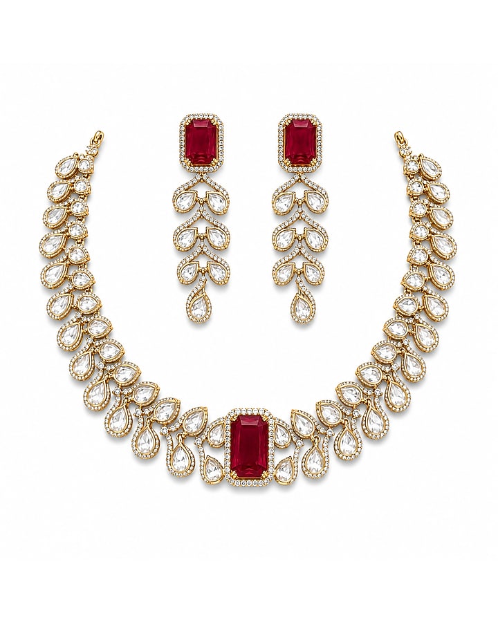 Micro Gold Finish Kundan Polki & Red Stone Choker Necklace Set by Tussya at Pernia's Pop Up Shop