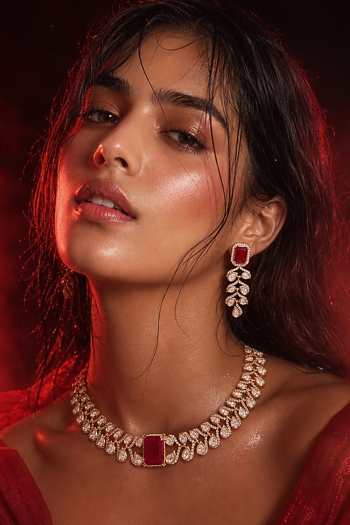 Micro Gold Finish Kundan Polki & Red Stone Choker Necklace Set by Tussya at Pernia's Pop Up Shop