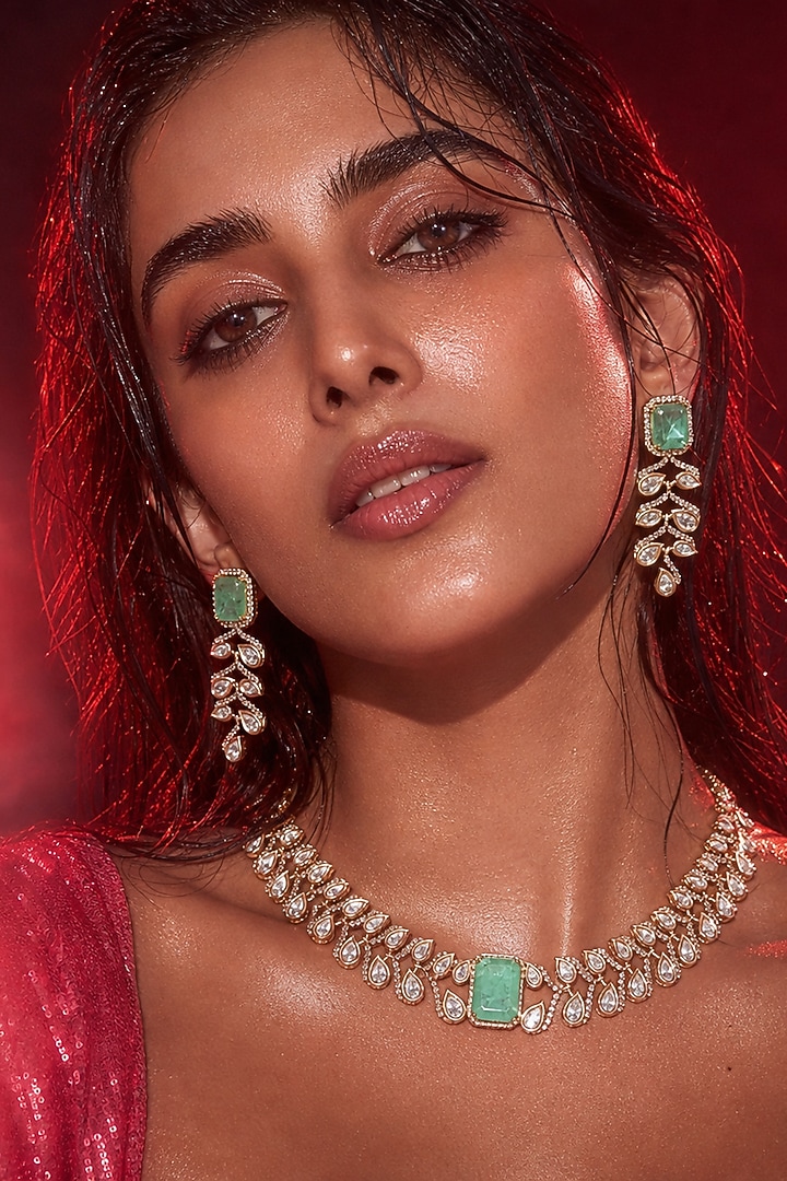 Micro Gold Finish Kundan Polki & Mint Green Stone Choker Necklace Set by Tussya at Pernia's Pop Up Shop