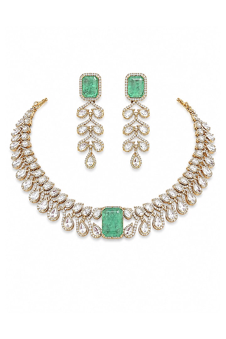 Micro Gold Finish Kundan Polki & Mint Green Stone Choker Necklace Set by Tussya at Pernia's Pop Up Shop
