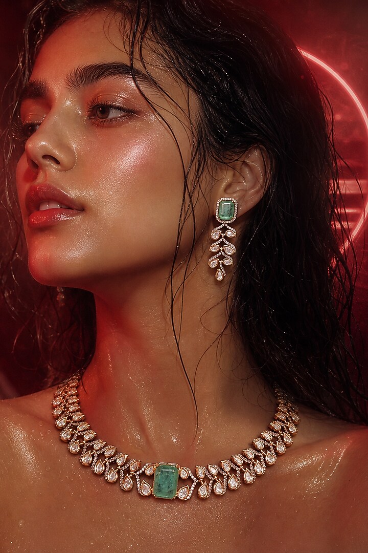 Micro Gold Finish Kundan Polki & Mint Green Stone Choker Necklace Set by Tussya at Pernia's Pop Up Shop