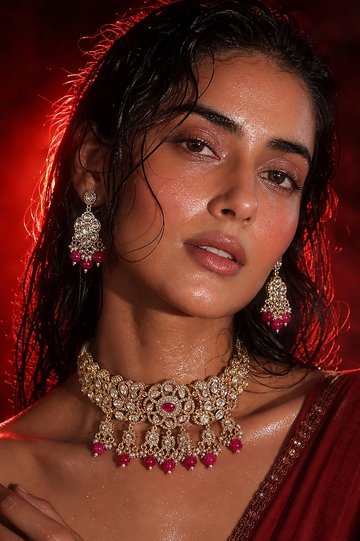 Micro Gold Finish Kundan Polki & Pink Stone Necklace Set by Tussya at Pernia's Pop Up Shop