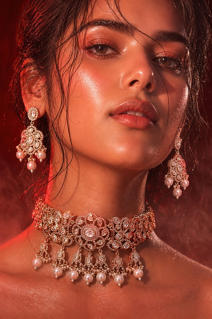 Micro Gold Finish Kundan Polki & Pearl Necklace Set by Tussya at Pernia's Pop Up Shop