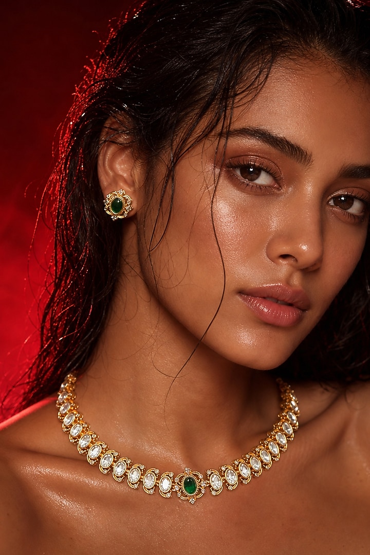 Micro Gold Finish Kundan Polki & Green Stone Necklace Set by Tussya at Pernia's Pop Up Shop