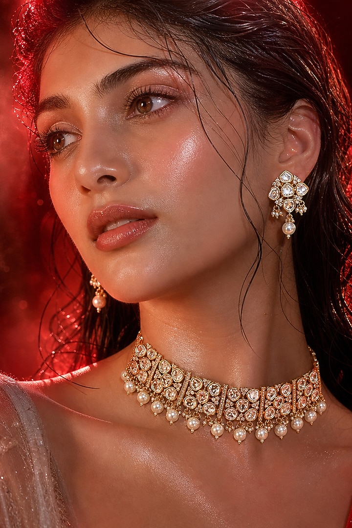 Micro Gold Finish Kundan Polki & Pearl Necklace Set by Tussya at Pernia's Pop Up Shop