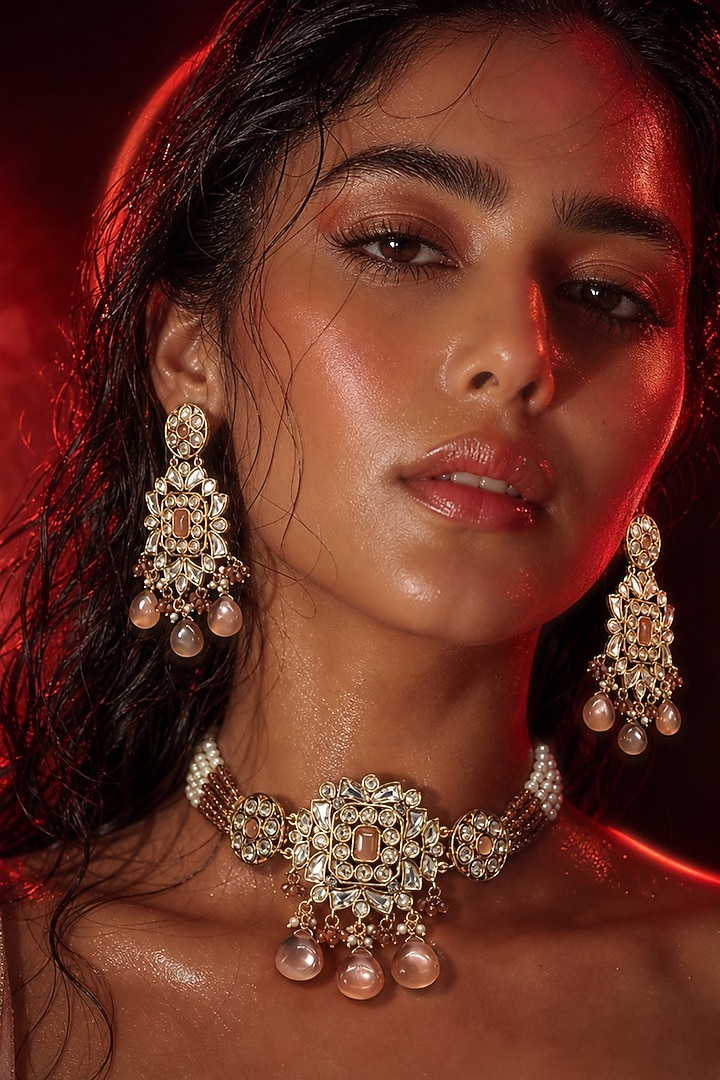 Micro Gold Finish Kundan Polki & Pink Stone Choker Necklace Set by Tussya at Pernia's Pop Up Shop
