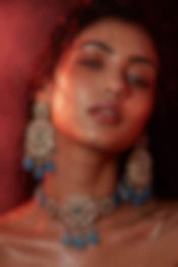 Micro Gold Finish Kundan Polki & Blue Stone Choker Necklace Set by Tussya at Pernia's Pop Up Shop