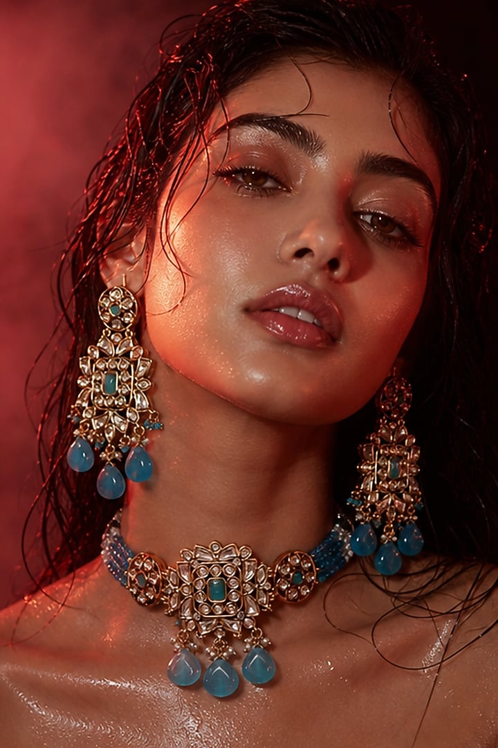 Micro Gold Finish Kundan Polki & Blue Stone Choker Necklace Set by Tussya at Pernia's Pop Up Shop