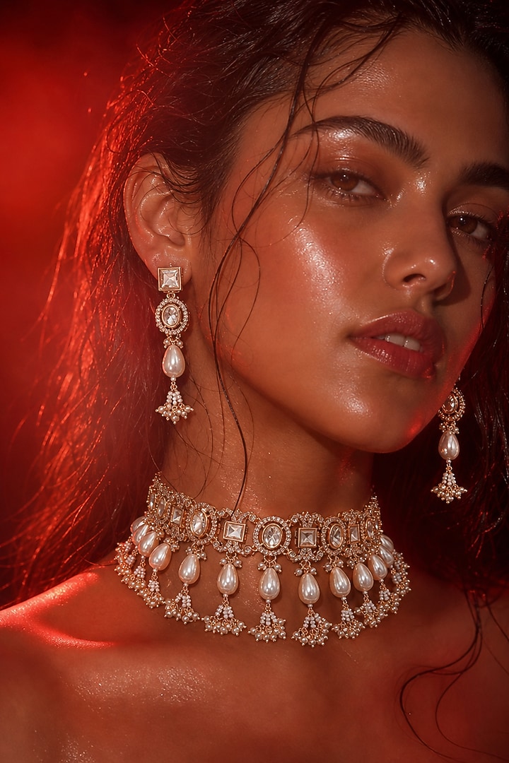 Micro Gold Finish Kundan Polki & Pearl Choker Necklace Set by Tussya at Pernia's Pop Up Shop
