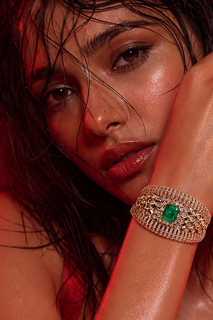 Micro Gold Finish Green Stone Bangle by Tussya at Pernia's Pop Up Shop