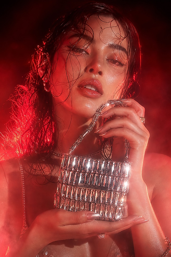 Silver Glass Crystal Handwoven Handbag by Tussya at Pernia's Pop Up Shop