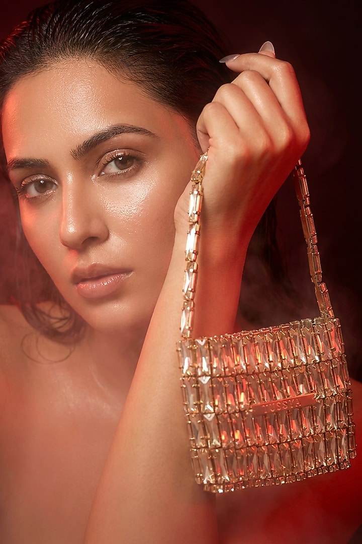 Gold Glass Crystal Handwoven Handbag by Tussya at Pernia's Pop Up Shop