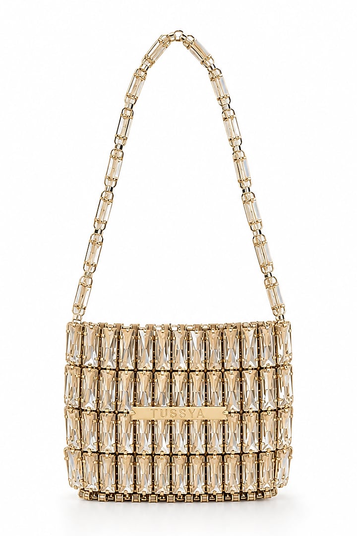 Gold Glass Crystal Handwoven Handbag by Tussya at Pernia's Pop Up Shop