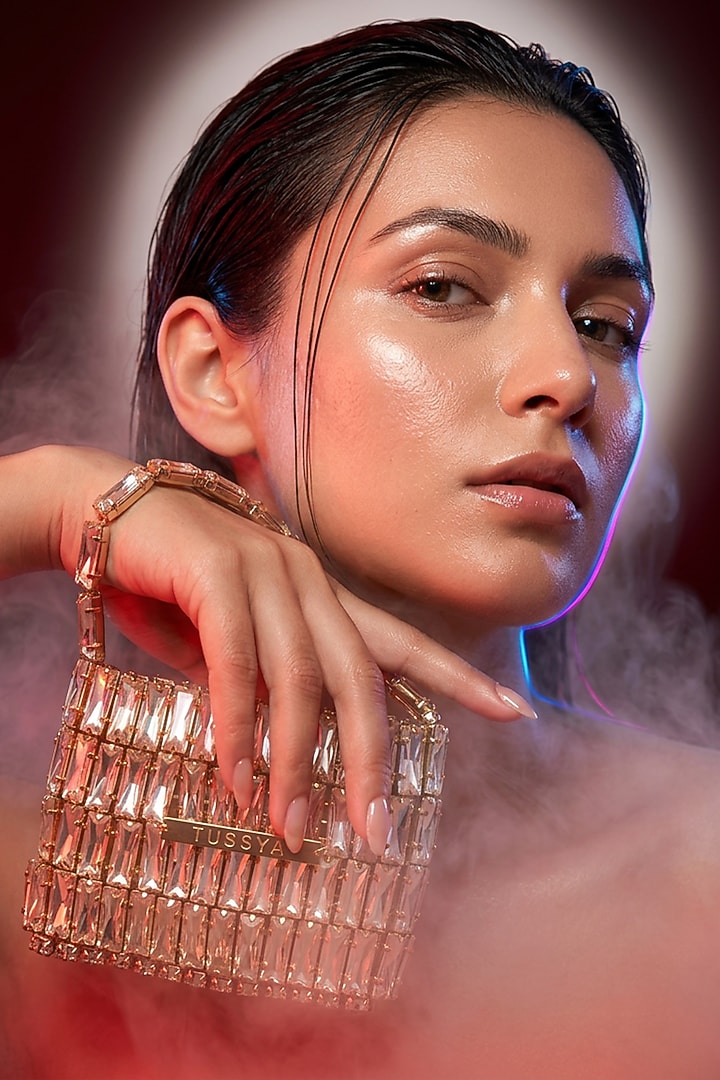 Gold Glass Crystal Handwoven Handbag by Tussya at Pernia's Pop Up Shop
