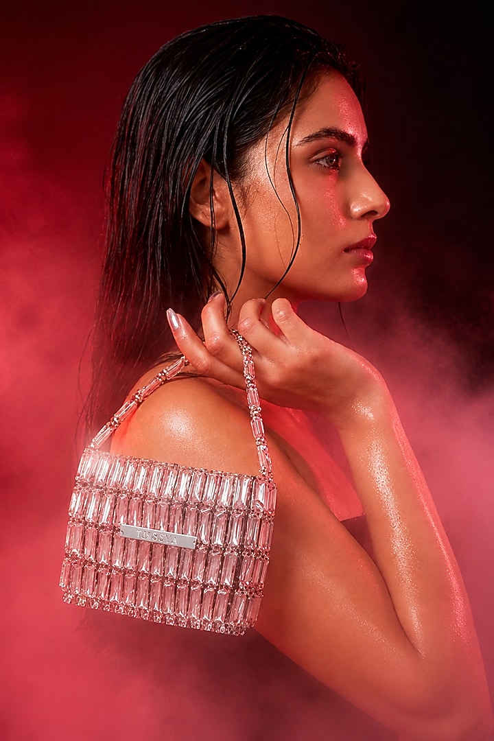 Pink Glass Crystal Handwoven Handbag by Tussya at Pernia's Pop Up Shop
