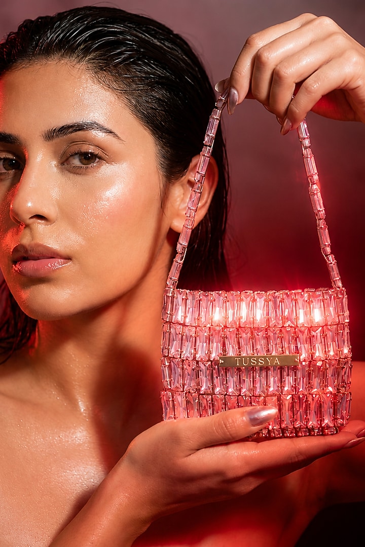 Pink Glass Crystal Handwoven Handbag by Tussya at Pernia's Pop Up Shop