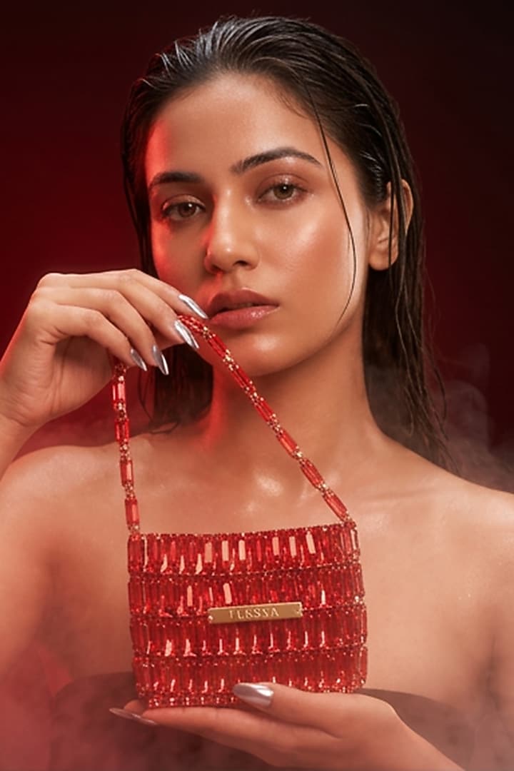 Red Glass Crystal Handwoven Handbag by Tussya at Pernia's Pop Up Shop