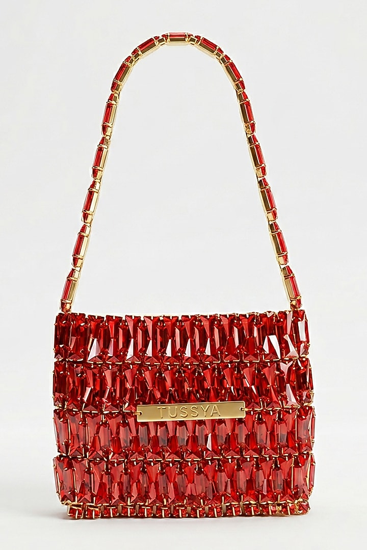 Red Glass Crystal Handwoven Handbag by Tussya at Pernia's Pop Up Shop