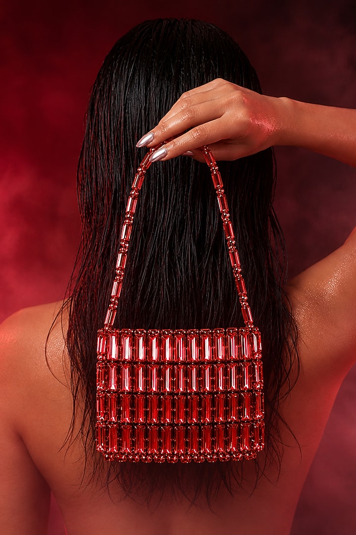 Red Glass Crystal Handwoven Handbag by Tussya at Pernia's Pop Up Shop