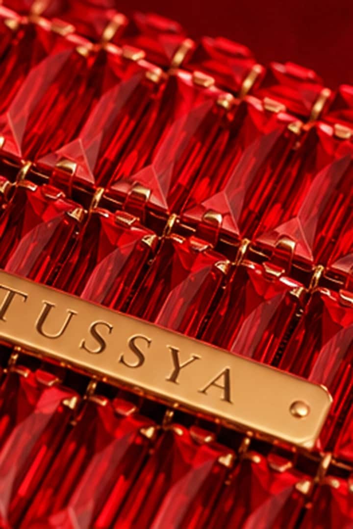 Red Glass Crystal Handwoven Handbag by Tussya at Pernia's Pop Up Shop