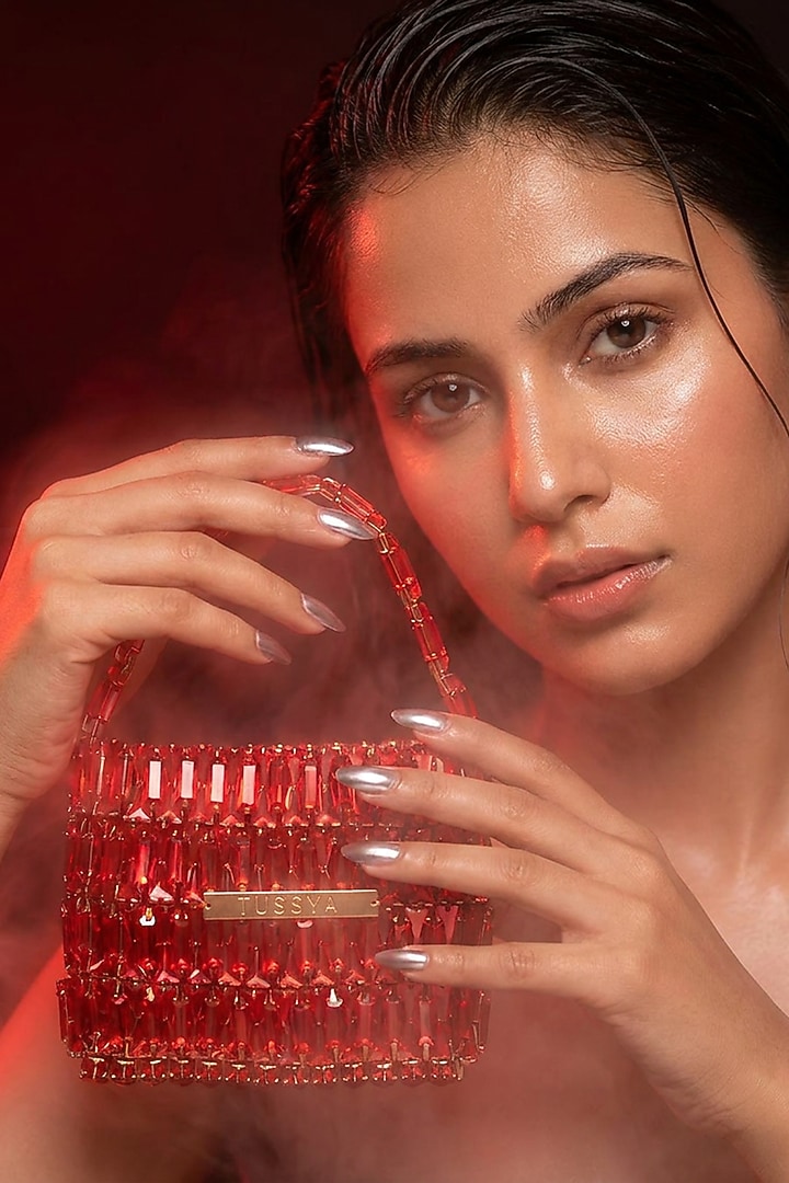 Red Glass Crystal Handwoven Handbag by Tussya at Pernia's Pop Up Shop