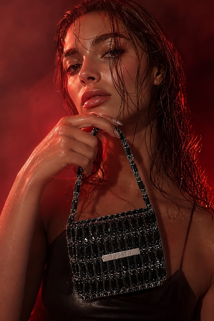 Black Glass Crystal Handwoven Handbag by Tussya at Pernia's Pop Up Shop