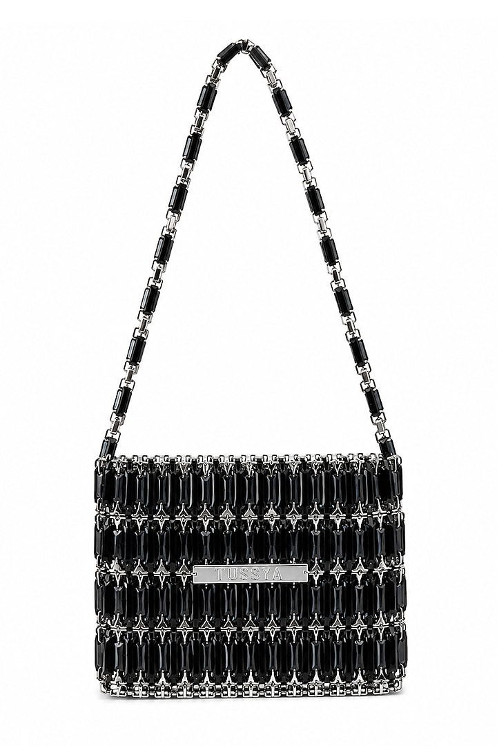 Black Glass Crystal Handwoven Handbag by Tussya at Pernia's Pop Up Shop
