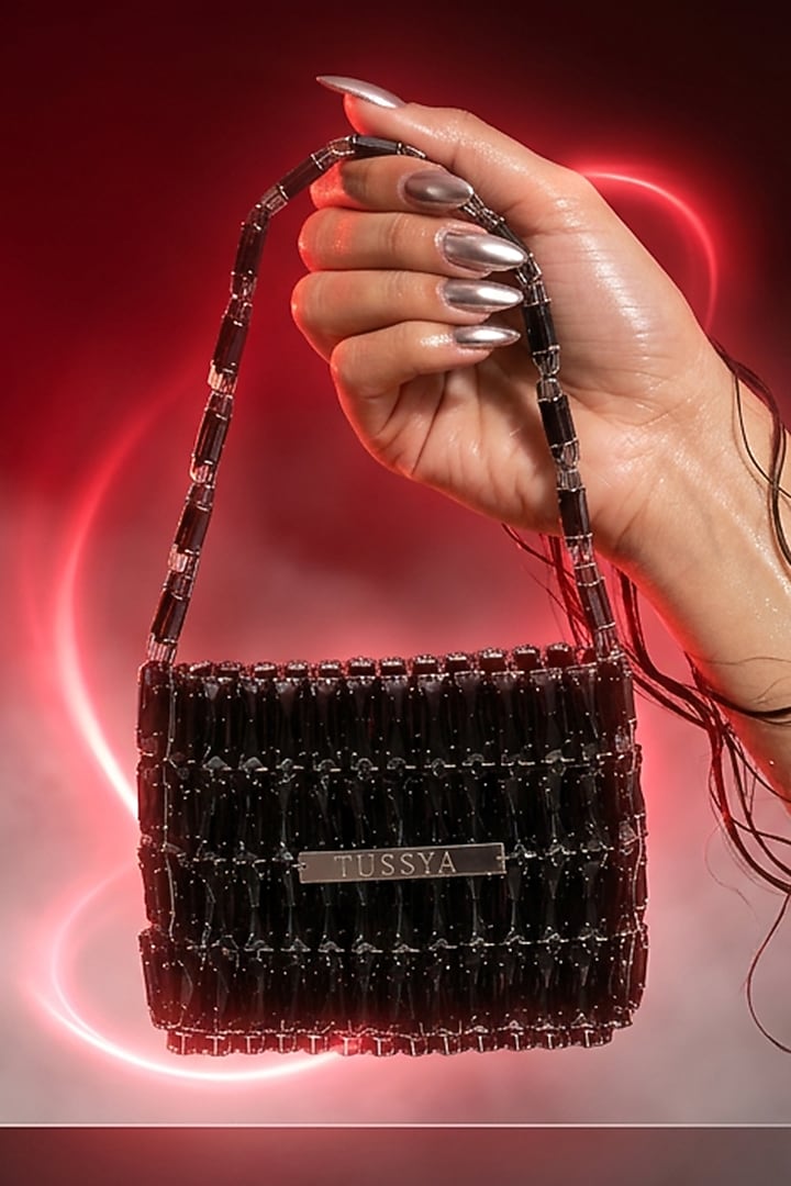 Black Glass Crystal Handwoven Handbag by Tussya at Pernia's Pop Up Shop