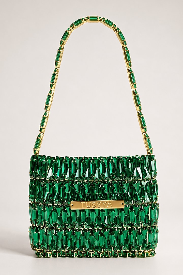 Green Glass Crystal Handwoven Handbag by Tussya at Pernia's Pop Up Shop