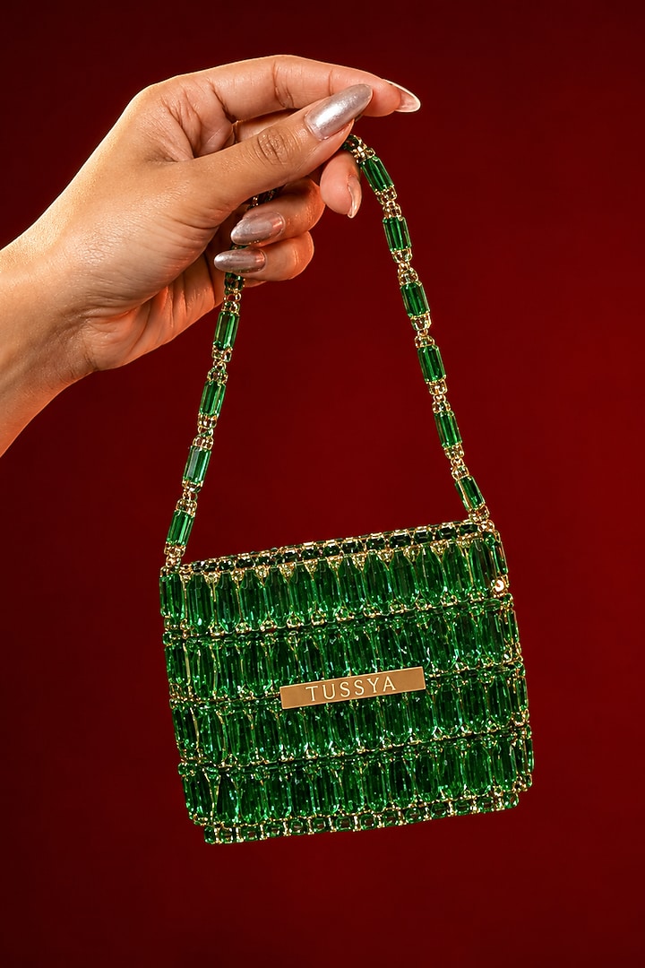 Green Glass Crystal Handwoven Handbag by Tussya at Pernia's Pop Up Shop