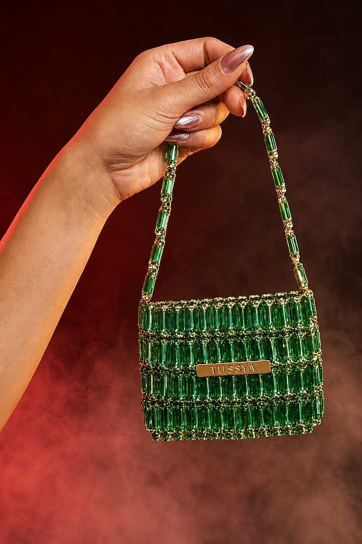 Green Glass Crystal Handwoven Handbag by Tussya at Pernia's Pop Up Shop
