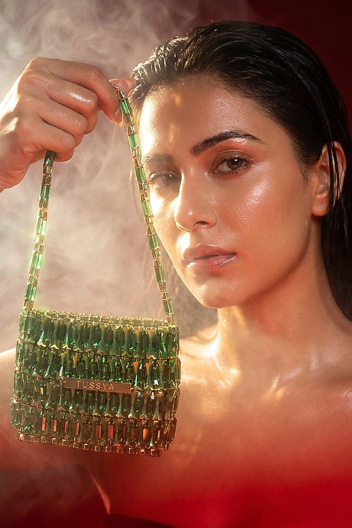 Green Glass Crystal Handwoven Handbag by Tussya at Pernia's Pop Up Shop