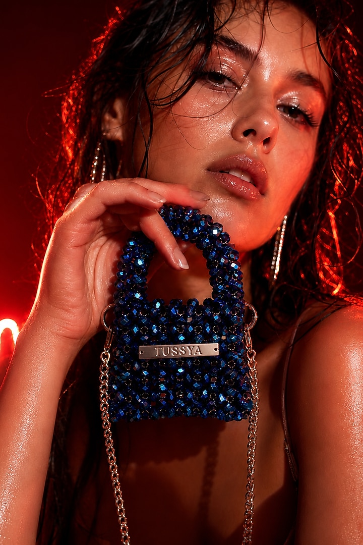 Blue Glass Crystal Handwoven Mini Bag by Tussya at Pernia's Pop Up Shop
